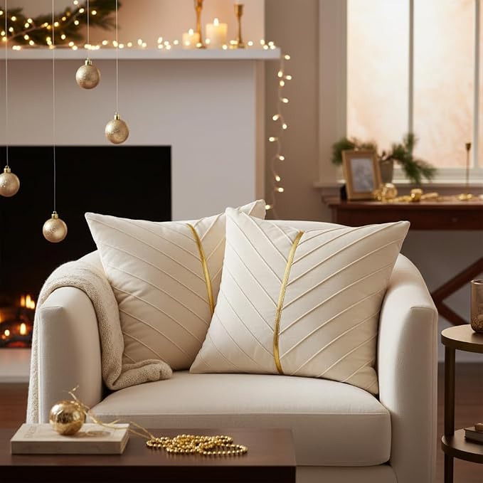 Velvet Throw Pillow Covers 26x26 inch Pack of 2 Gold Decor Cream