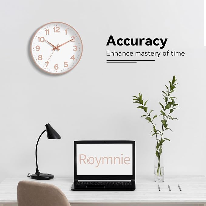 Roymnie 10 Inch Wall Clock Battery Operated Silent Non Ticking Analog | White Rose Gold modern analog; large 3D easy-read dial for kitchen, office, bathroom & bedroom; 1 AA battery (not included)