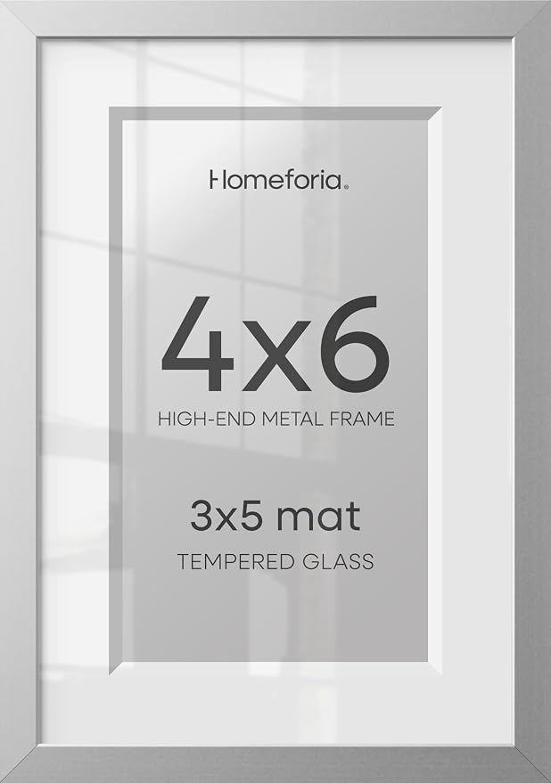 Homeforia 4x6 Silver Picture Frame, High-End Metal, 3x5 Mat, Glass