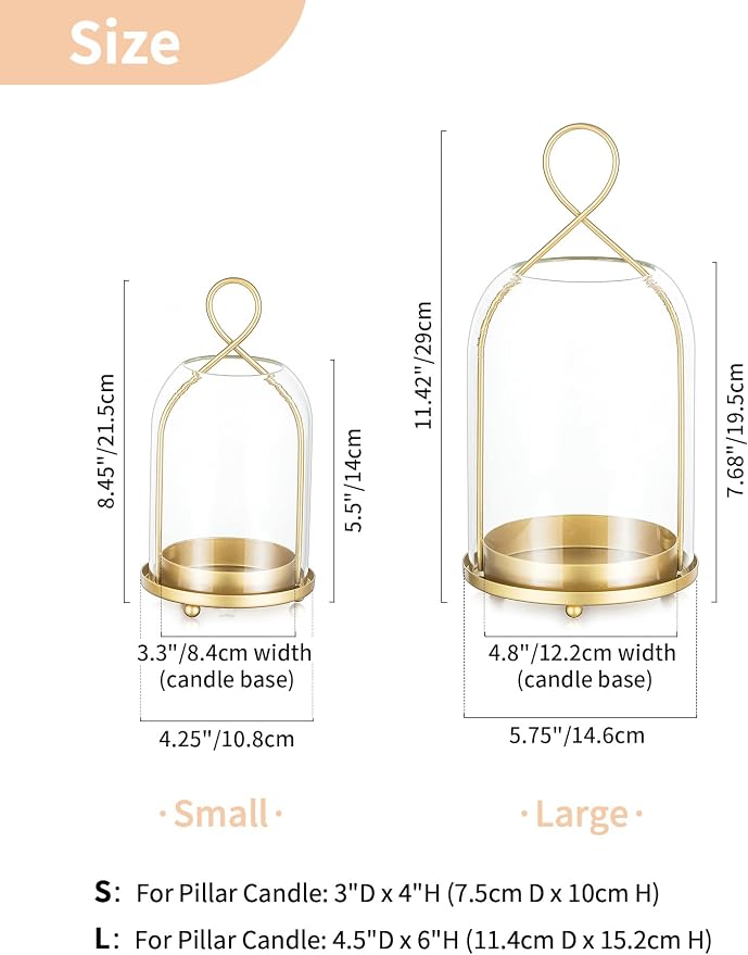 NUPTIO Glass Lanterns Decorative Outdoor, Gold Hurricane Candle Holders | Set of 2 Hanging Lantern for Pillar Candles, Table Centerpiece for Home Thanksgiving Christmas Party