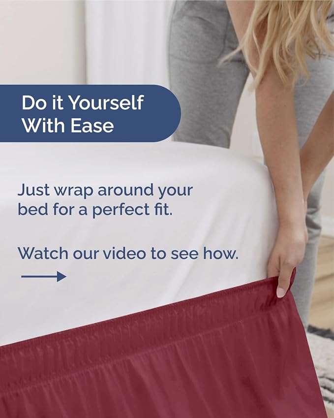 Wrap Around Dust Ruffle Bed Skirt - College Dorm Room - Twin/Twin XL | Burgundy, 15 Inch Drop, Elastic Strap & Adjustable Pleated Bedskirt, Wrinkle Free, for Women, Men, Students, Kids & Teens