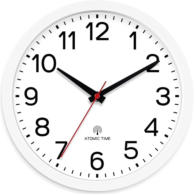 AKCISOT 10 Inch Wall Clock, Silent Battery Operated Analog Clock, White | Atomic | Classroom | Kitchen | Office | Easy to Read Numbers | Garage