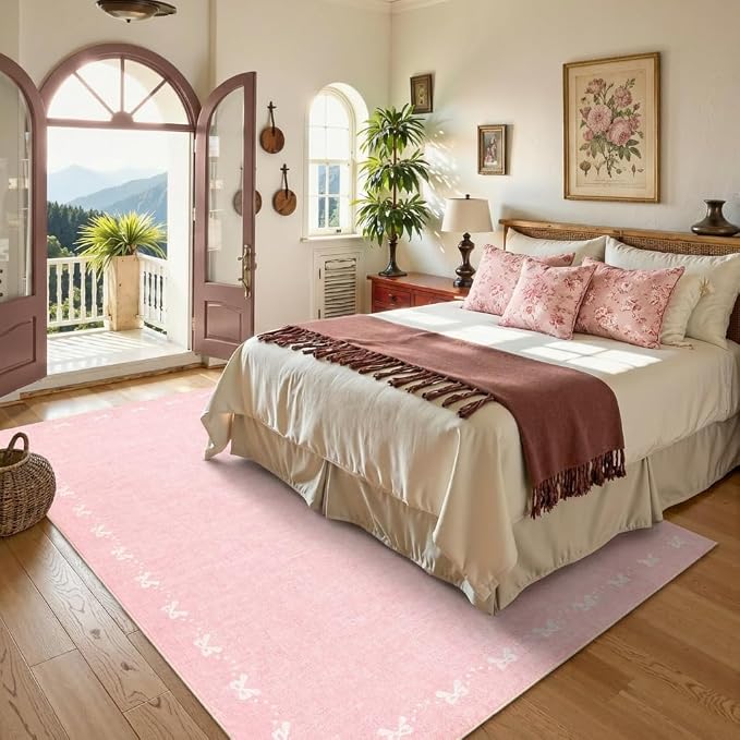 COZYLOOM 4x6 Bow Border Washable Rug for Entryway Indoor, Modern Solid Color Living Room Rug with Non Slip Backing, Stain Resistant Non Shedding Farmhouse Rugs for Bedroom, Dining Room, Nursery, Pink