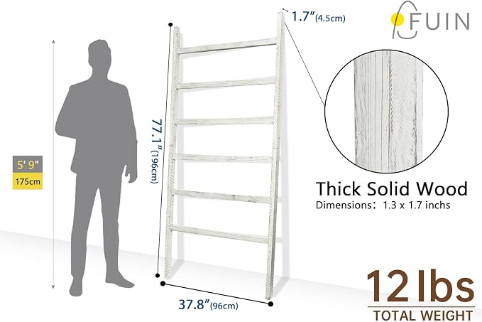 FUIN Blanket Ladder, 38in Extra Wide Solid Wood Rustic Decor Rack, White | 6.4 ft high and 38 in wide, farmhouse quilt display ladders, organize blankets, leaning wall, bathroom and living room use
