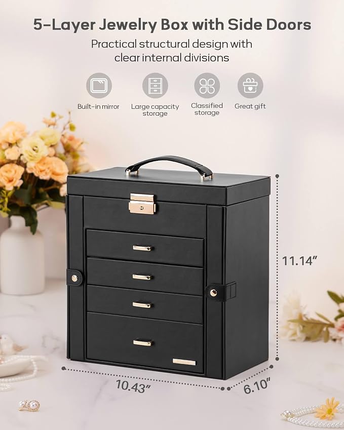 Homde Large Jewelry Box for Women: 5-Layer Organizer with Lock for Dresser | Separated Storage for Necklace Earring Ring Watch to Sort Daily Jewelry - Keep Vanities Tidy - Suitable for Birthday Gift
