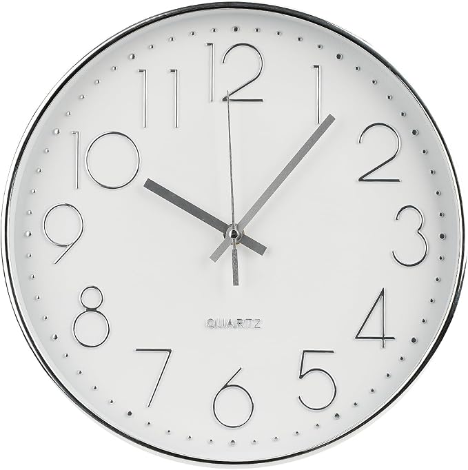 Wall Clock Non-Ticking Silent Modern Simple Style Round Decor Clock Stereoscopic Dial Quartz Wall Clocks for Home/Office/School/Living Room/Bedroom/Kitchen (Silver, 8inch)