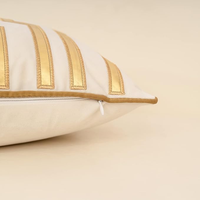 Alerfa Geometric Gold Leather Striped Throw Pillow Cover 12x20 Inch, Luxury Velvet Embroidered Decorative Lumbar Pillow Cover for Couch Living Room Bedroom, White