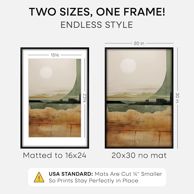Homeforia 20x30 Black Oak Picture Frame, High-End Wood, 16x24 Mat, Glass