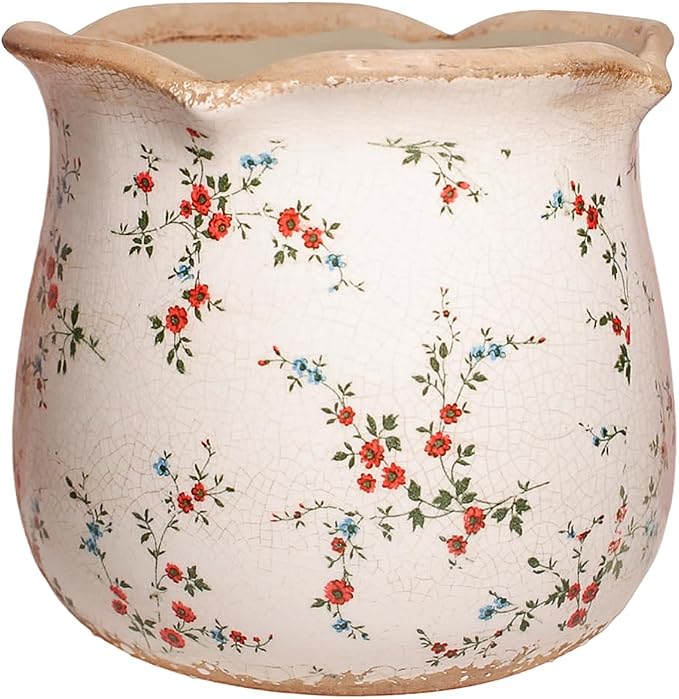 Ceramic Pots for Plants, Vintage Rustic Plant Pot with Drainage Hole | 6.11 Inch Planter for Indoor Plants, French Country Crackle Glaze Flower Pot, Grandma Core Home Decor, Small Red Blooms