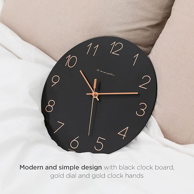 mooas Flatwood Wall Clock (Black),12" Non-Ticking Sweep Movement | Decorative Modern Battery Operated Decorative Wall Clock for Home Living Room Kitchen Bedroom Office School Cafe Hotel