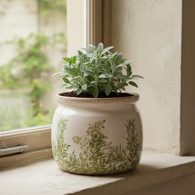 Cottagecore Ceramic Vase & Planter, flower pots for indoor plants | Small Herb Pots with Drainage for Kitchen Windowsill, Rustic Farmhouse Decor, Plant Lover Gifts for Women, Cottage Fern