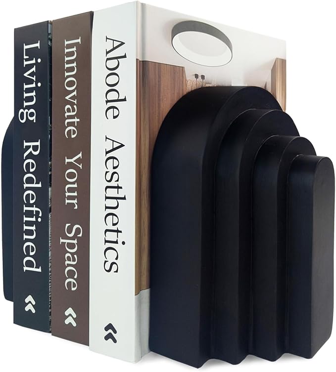 Book Ends for Heavy Books, Resin Decorative bookends, Heavy Duty Bookend for Shelves, Book Stopper for Shelves, Modern Home Decor Aesthetic Book Ends, Layered Arch Design Set of 2(Matte Black)