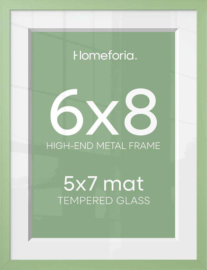Homeforia 6x8 Green Picture Frame, High-End Metal, 5x7 Mat, Glass