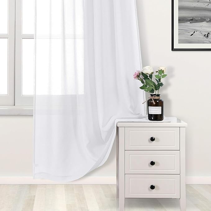 DWCN White Sheer Curtains Linen Look Semi Transparent Voile Grommet Curtains for Living Dining Room Drapes 60 x 84 Inch Long, Set of 2 Panels