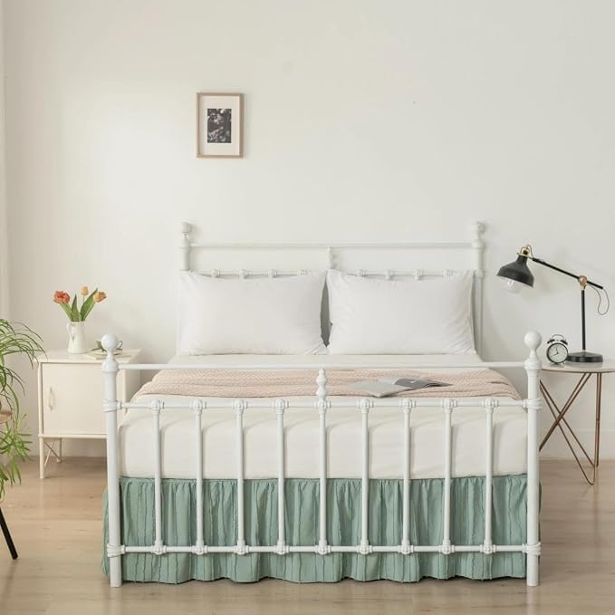 Bed Skirt Queen Size - Ruffled Bed Skirt - with Split Corners - Sage Green | Striped Boho Tufted -14 Inch Drop Bedskirt with Platform-Soft Premium Hotel Quality - Easy Fit