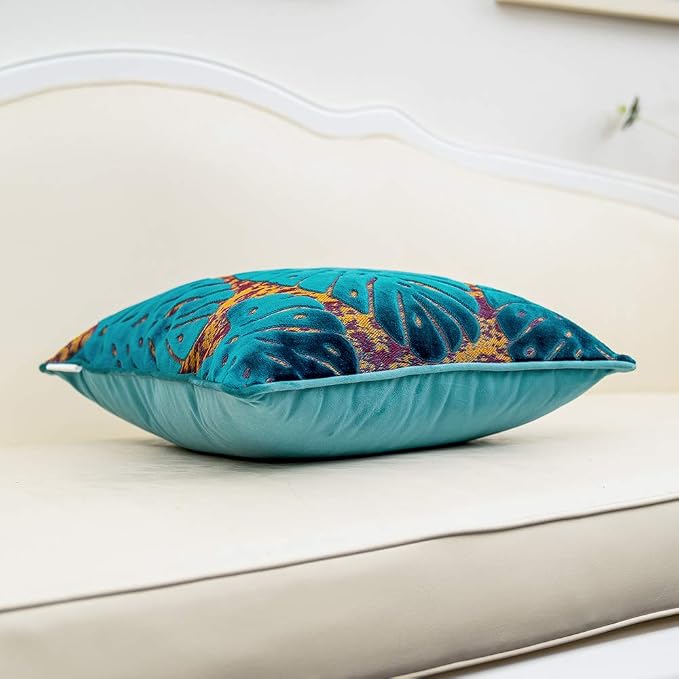 Alerfa 12 x 20 Inch Rectangle Leaf Pillow Embroidery Cut Velvet Cushion Case Luxury Modern Lumbar Throw Pillow Cover Decorative Pillow for Couch Sofa Living Room Bedroom Car, Blue
