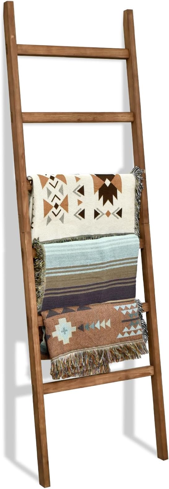 FUIN Blanket Ladder, 24in Wide Rustic Solid Wood Decor Rack, Brown | 6.4 ft high and 6 rungs, farmhouse quilt display holder, organize towel and scarf, leaning wall, bathroom and living room use