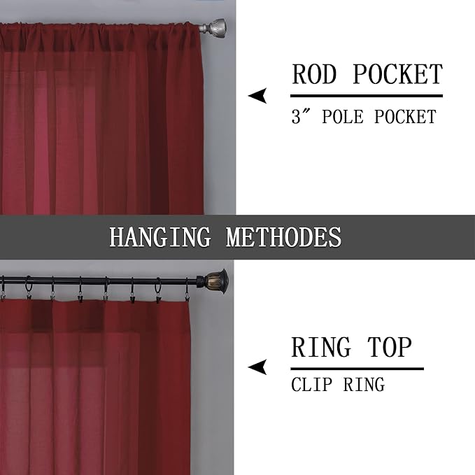 Tollpiz Sheer Curtains Linen Textured Bedroom Curtain Sheers Light Filtering Rod Pocket Voile Curtains for Living Room, 54 x 84 inches Long, Burgundy Red, Set of 2 Panels