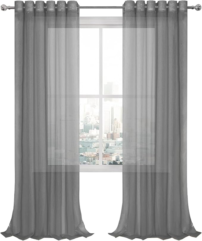 DWCN Grey Semi Sheer Curtains, Grommet Top Window Drapes for Bedroom & Living Room, Faux Linen Look Voile Transparent Solid Curtains Set of 2 Panels 70 x 95 Inches Long
