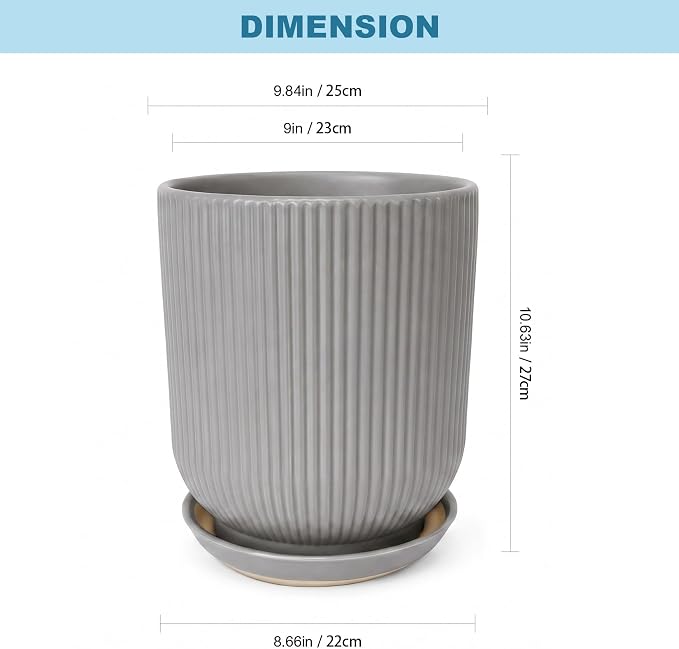 Deep Dream 10 Inch Ceramic Pots for Plants, Heavy Plant Pot for Indoor Outdoor Plants, Large Plant Pot with Drainage Hole and Saucer, Modern Tall Flower Pot, Gifts for Plant Lovers, Grey