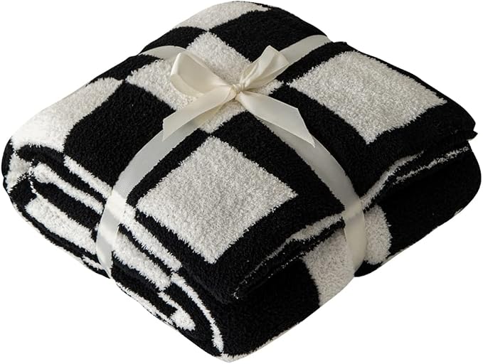 Ultra Soft Cozy Buffalo Checkerboard Grid Fluffy Microfiber Knitted Throw Blanket Lightweight Checkered Bed Blanket for Sofa Couch Bed Black 51"X63"