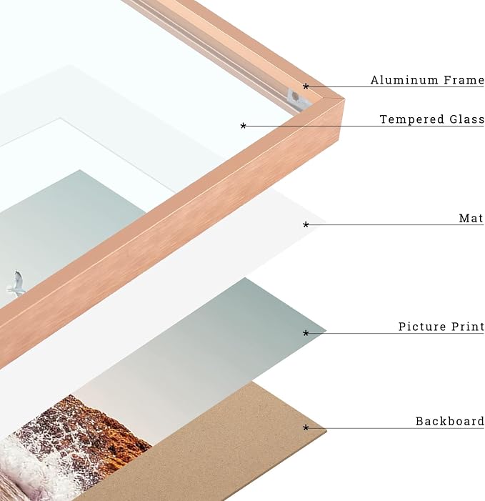 Frametory 8x10 Rose Gold Aluminum Metal Picture Frame Mat for 5x7 Glass