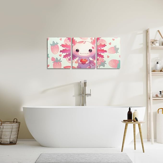 Feelyou Kids Cute Axolotl Wall Painting Posters Kawaii Animal Picture Wall Decor Strawberry Canvas Wall Art for Living Room Bedroom Boys Girls Princess Cute Fruit Bathroom Wall Art 12"x16"x 3Pcs