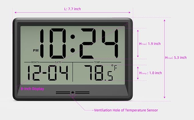 Digital Wall Clock Battery Operated, 8 Inch Small Wall Clock with Large Display, Temperature and Date | Simple Desk Clock | Silent Wall Mount Digital Clock for Bedroom, Kitchen, Living Room, Office