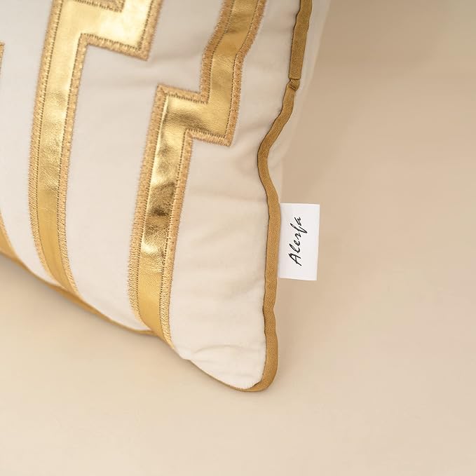 Alerfa Geometric Gold Leather Striped Throw Pillow Cover 12x20 Inch, Luxury Velvet Embroidered Decorative Lumbar Pillow Cover for Couch Living Room Bedroom, White