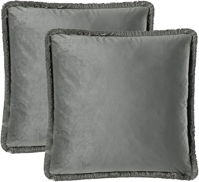 JUSPURBET Gray Decorative Velvet Fringe Throw Pillow Covers 26x26 Set of 2 Boho Soft Cushion Case for Home Decor Living Room Couch Sofa Bed