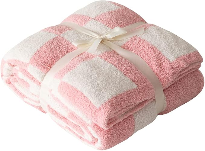Ultra Soft Cozy Buffalo Checkerboard Grid Fluffy Microfiber Queen Size Bed Blanket Checkered Knitted Blanket Lightweight Fleece for Sofa Couch Bed Travel (Pink, Queen：90"X90")
