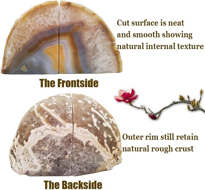 Agate Geode Bookends Heavy Duty Natural Crystal Stone Book Holders Decor | Polished Stone Book Stoppers Supports Home Office Decor with Rubber Bumpers Natural Brown 1 Pair, 2-3 LBS