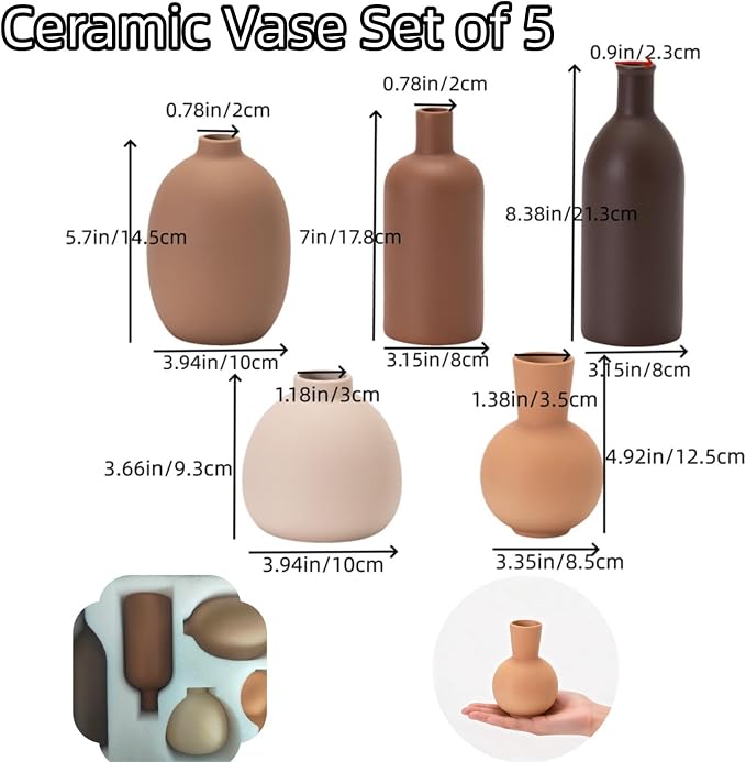 Modern Small Ceramic Vase Set of 5 | Neutral colors, decorative farmhouse vase decor, for shelf entryway table living room