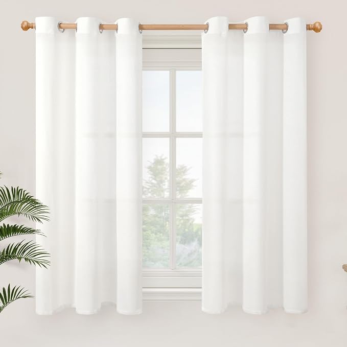 YoungsTex White Linen Semi Sheer Curtains 45 Inches Length for Kitchen Window, Short Light Filtering Drapes with Grommet Lightweight for Bedroom Cafe Bathroom, 2 Panels, 42 X 45 Inch
