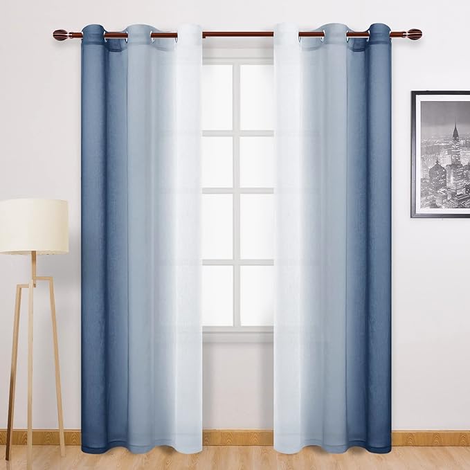 DWCN Blue Faux Linen Ombre Sheer Curtains - Gradient Semi Voile Curtains for Bedroom and Living Room, Set of 2 Grommet Top Window Curtain Panels, 42 x 84 Inches Long, Denim Blue