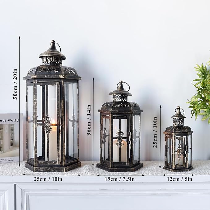 JHY DESIGN Set of 3 Decorative Candle Lanterns 20''&14"&10" H Outdoor Candle Lanterns Vintage Metal Cand leholder for Indoor Outdoor, Events, Parities and Weddings(Black with Gold Brush)