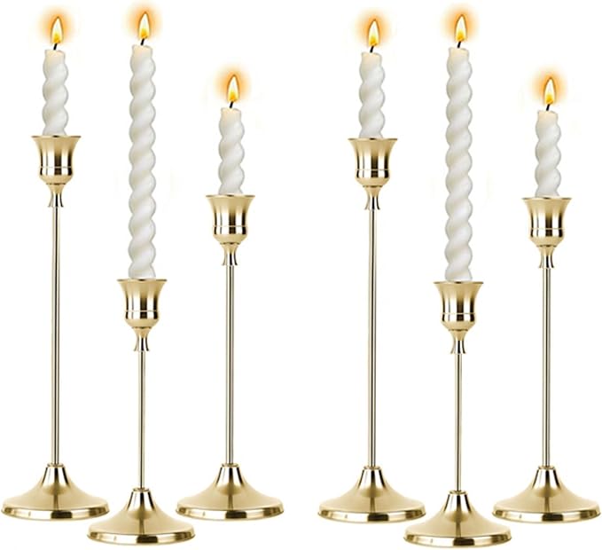 2 Sets Candle Holder Gold Candlestick Holders -Vintage Modern Metal Taper Candle Holders, Decorative Centerpiece for Table Mantel, Wedding Kitchen Home Decor, Wedding Gift,6Pcs
