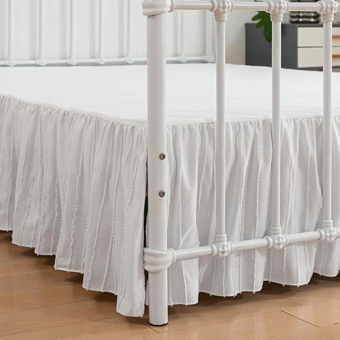 Bed Skirt King Size, Ruffled Bed Skirts 16 Inch Drop, White | Striped Boho Tufted, with Split Corners, Easy Fit King Size Beds, Wrinkle & Fade Free, for Women, Men