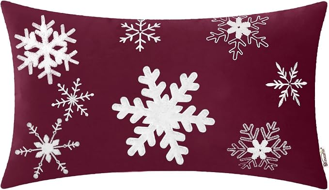 BRAWARM Christmas Pillow Cover 12 X 20 Inches, Burgundy Snowflake Embroidered Lumbar Pillow Cover, Soft Velvet Decorative Throw Pillow for Couch Bed Sofa Living Room Home