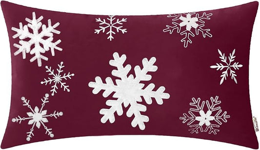 BRAWARM Christmas Pillow Cover 12 X 20 Inches, Burgundy Snowflake Embroidered Lumbar Pillow Cover, Soft Velvet Decorative Throw Pillow for Couch Bed Sofa Living Room Home