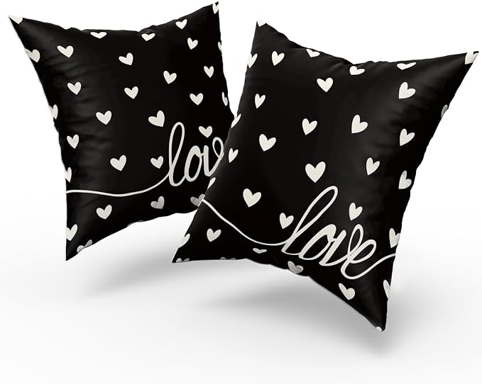 Giwawa Valentines Day Pillow Covers Set of 2 Black Love Hearts Throw Pillowcases Romantic Decorative Double Sided Cotton Square Cushion Covers 18x18inch for Sofa Couch Bedding Wedding Anniversary