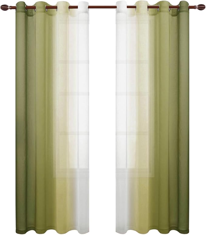 DWCN Ombre Faux Linen Sheer Curtains - Extra Long Gradient Semi Voile Light Filtering Grommet Top Bedroom and Living Room Curtains, 52 x 102 Inches Long, Set of 2 Window Curtain Panels, Olive Green