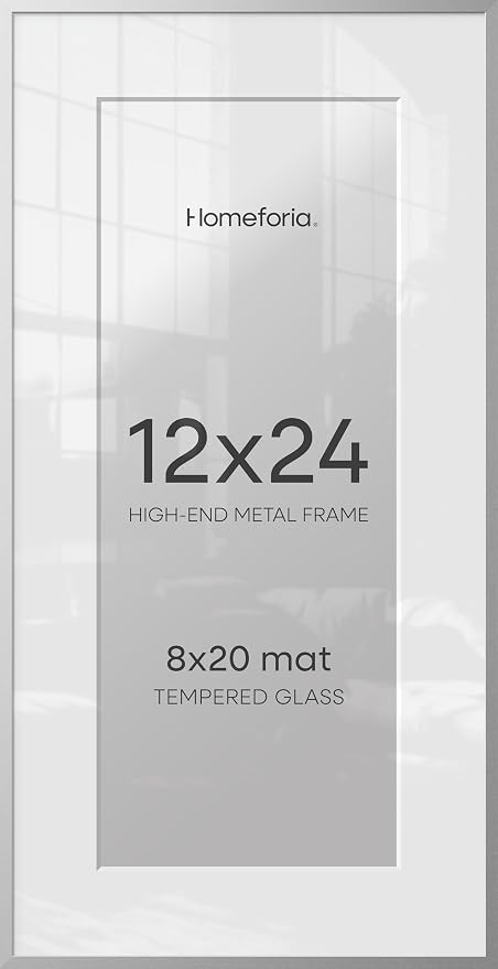Homeforia 12x24 Silver Picture Frame, High-End Metal, 8x20 Mat, Glass