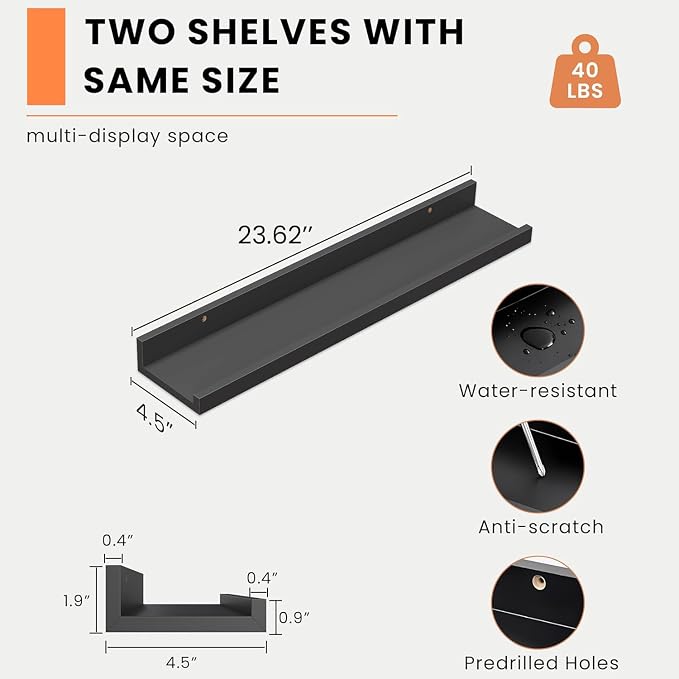 Heimlove Picture Ledge Shelf, Floating Shelves Set of 2, 24 Inches Picture Shelf for Wall with Ledge, Kids Bookshelf Wall Mounted for Living Room Bedroom Decor Books Photo Frames - Black