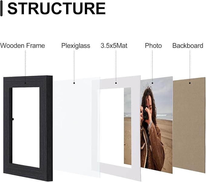 Vittanly 4x6 Picture Frames Set of 9 for Wall or Tabletop Display, Black | Display Pictures 3.5x5 with Mat or 4x6 without Mat, Small Photo Frames, Engineered Wood with Shatter Resistant Plexiglass