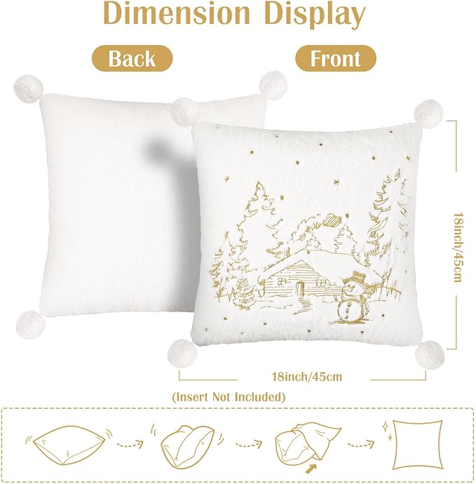 Lewondr Christmas Throw Pillow Cover, 18x18 Inch, Set of 2, White | Soft Faux Fur, Plush Ball, Embroidered Tree House Snowman, For Bed Home Decor Living Room