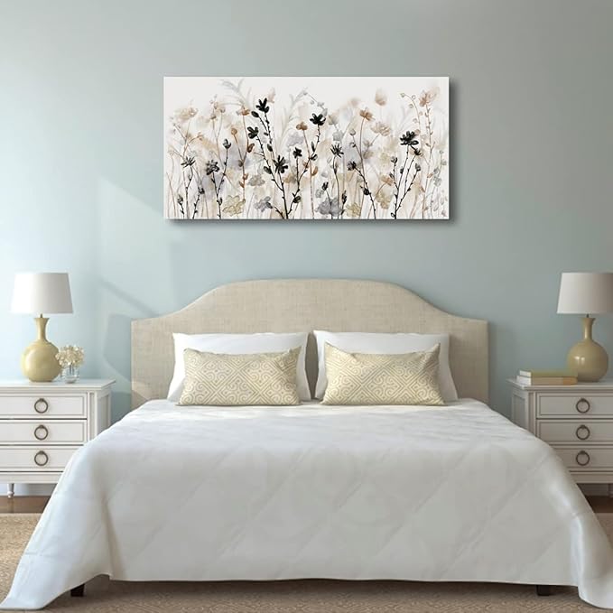 Large Framed Floral Wall Art Flowers Canvas Pictures Grey Cream Brown Abstract Botanical Canvas Painting Artwork Simple Life Wall Decor for Living Room Bedroom Kitchen Home Office Decoration 29"x 58"