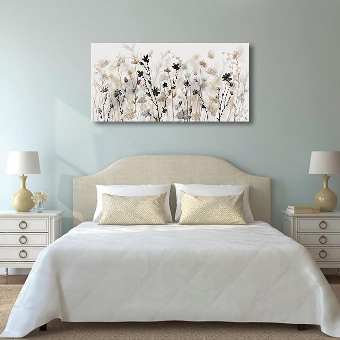 Abstract Floral Canvas Wall Art Grey Cream White Grass Flowers Canvas Pictures Modern Landscape Painting Botanic Artwork for Living Room Bedroom Kitchen Office Wall Decor Ready to Hang 20" x 40"