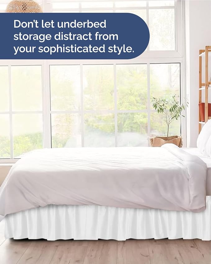 Wrap Around Dust Ruffle Bed Skirt, King Size Beds - 14 Inch Drop, White | Easy Fit Elastic Strap, Adjustable Pleated Bedskirt w/Brushed Fabric, Wrinkle & Fade Free, for Women, Men, Kids & Teens