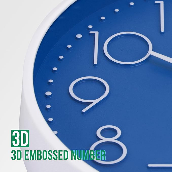 Wall Clock Non-Ticking Silent Modern Simple Style Round Decor Clock Stereoscopic Dial Quartz Wall Clocks for Home/Office/School/Living Room/Bedroom/Kitchen (Dark Blue, 8inch)
